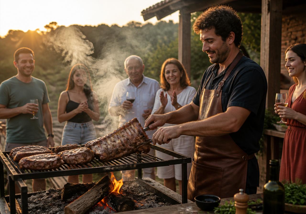 Churrasqueiro assando carne sendo elogiado por amigos e família