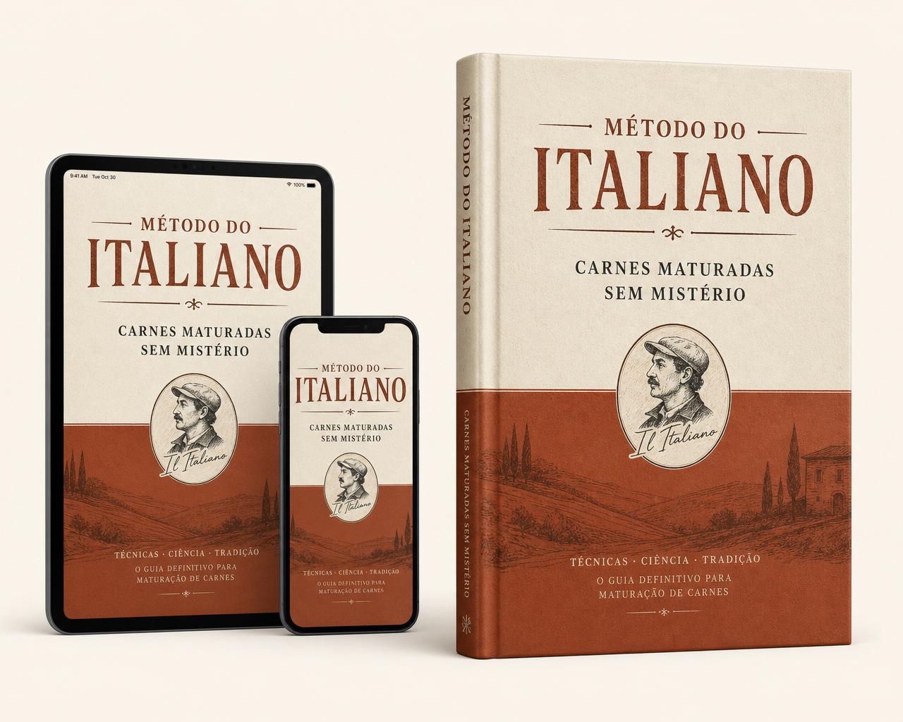 Mockup do produto Método do Italiano em tablet, smartphone e livro